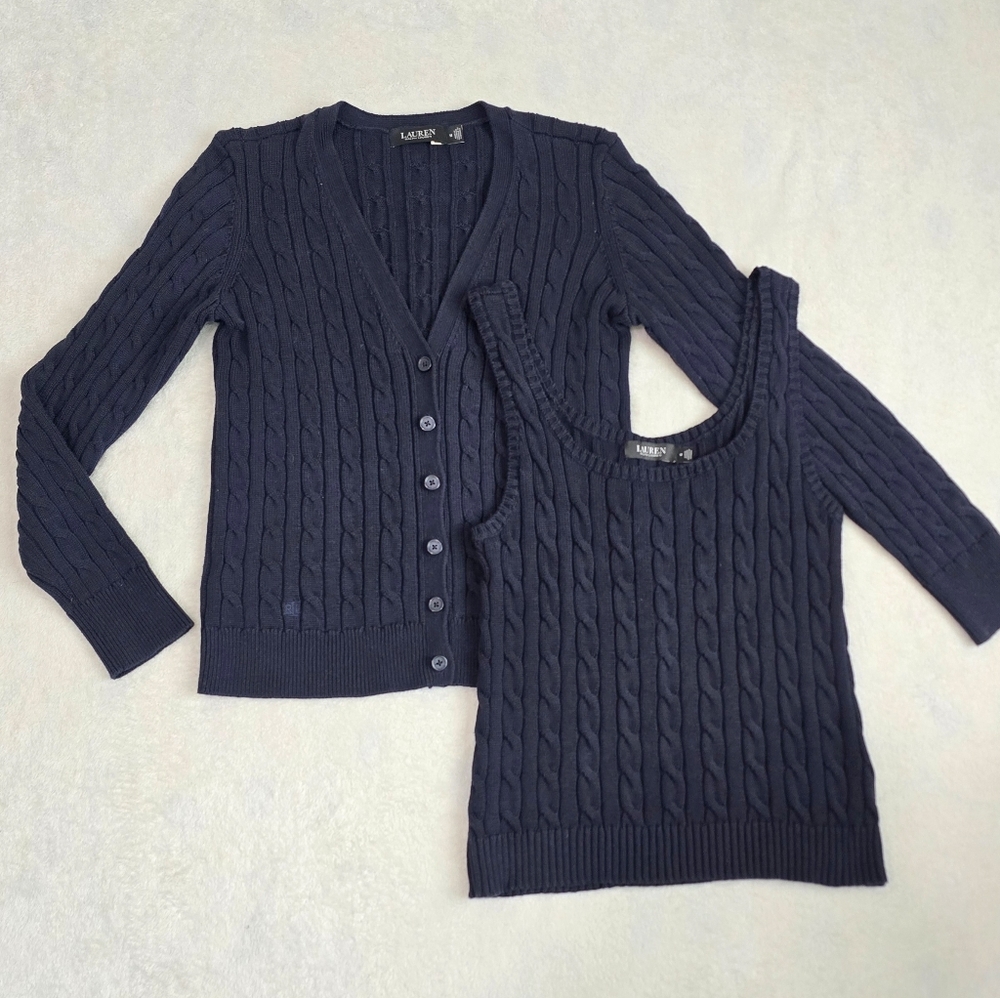 Ralph Lauren Black Label Navy Cable Knit Sweater Tank & Cardigan Set